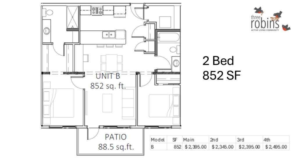2 bed suite (825 square feet)