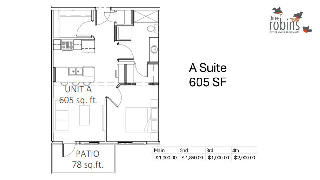 1 bedroom suite plan (605 square feet)