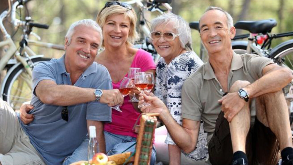 2 couples stopping for a break on their bike ride